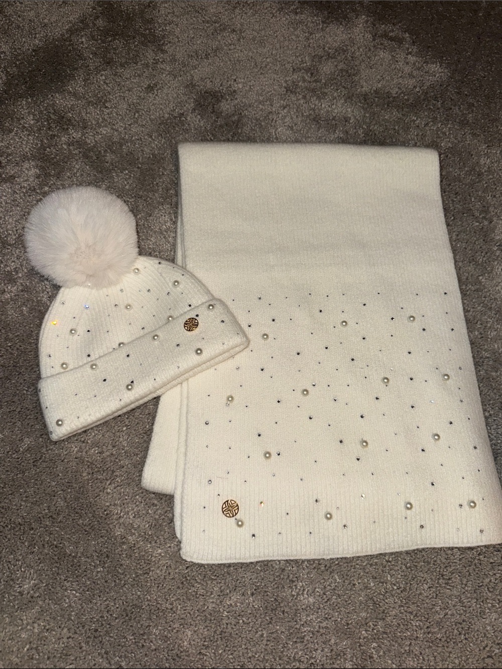 Embellished Cream Knit Beanie & Scarf Set
